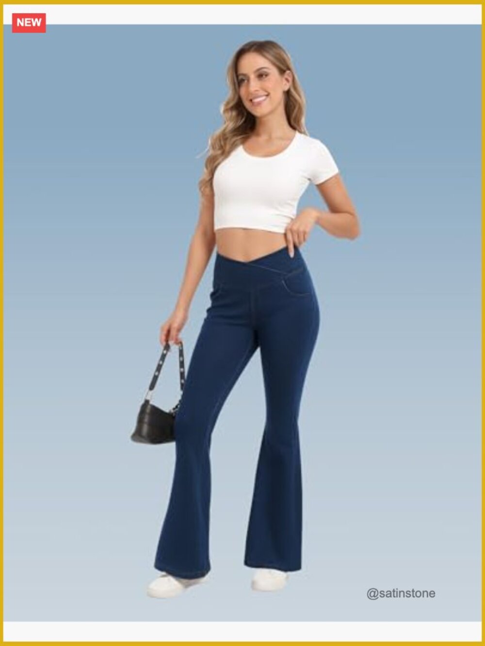 High Waisted Bell Bottom Flare Jeans with Pockets Pull On Stretchy Jeggings - Picture 3 of 7